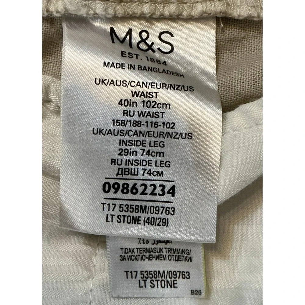 Marks & Spencer Linen Pants‎ Men's 40x28 Beige Stone Linen Blend Trousers